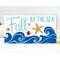 This whimsical autumn-themed coastal sign with bright blue waves, fall leaves, and an orange resin starfish for your coastal fall decor.